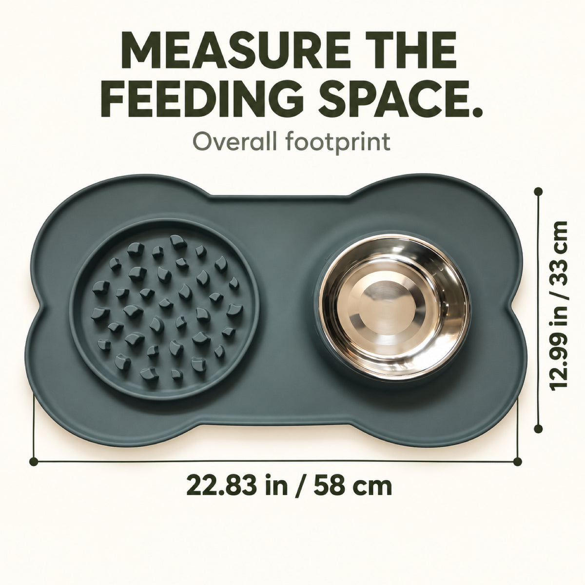 GAVPEPY Silicone Feeding Mat and Bowl Set, 58 x 33 cm, one pictured colorway, for Everyday Dog and Cat Meals or Water at Home, textured feeding area beside a round bowl; a patterned surface separates portions across the bowl image 4 - 3.jpg