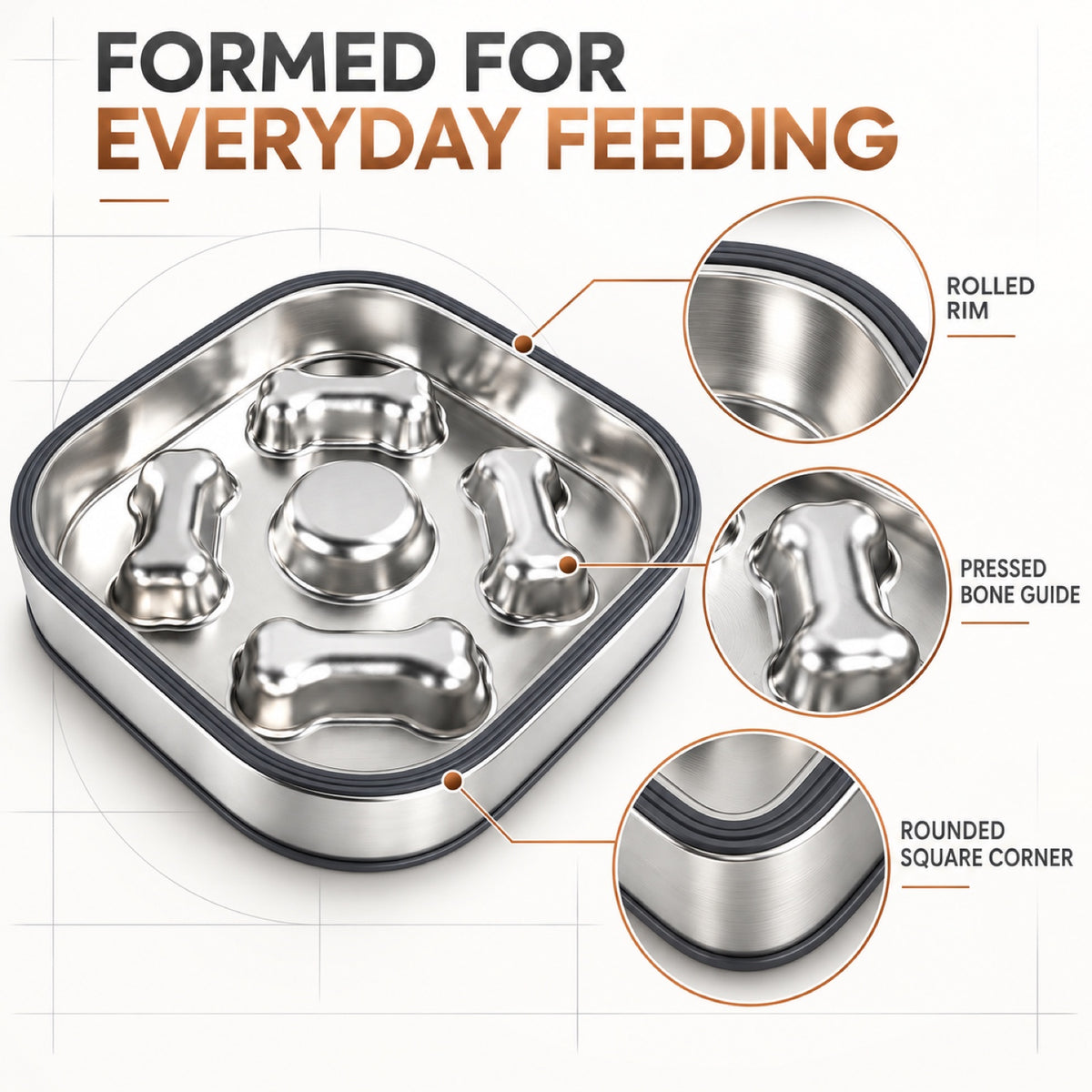 Square Bone-Print Stainless Steel Slow Feeder Bowl, 2 Base Options, By GAVPEPY image 4 - 3.jpg