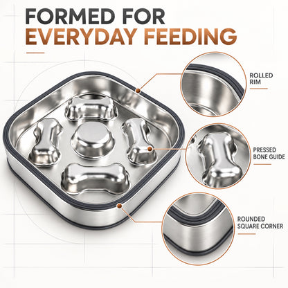 Square Bone-Print Stainless Steel Slow Feeder Bowl, 2 Base Options, By GAVPEPY image 4 - 3.jpg