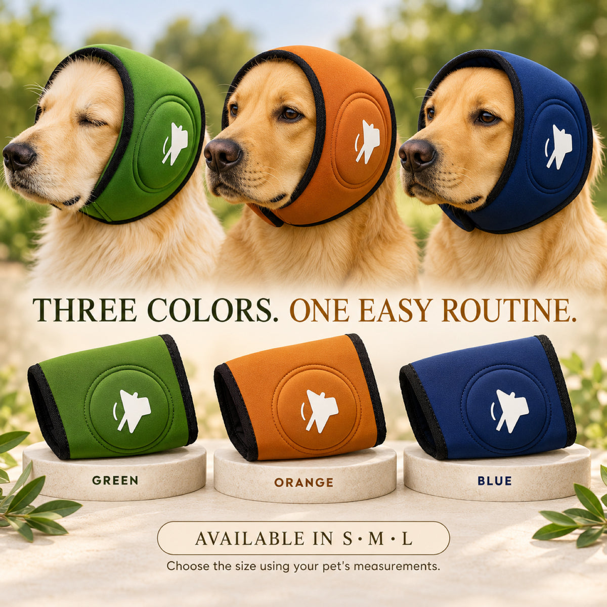 GAVPEPY Polyester Soft Dog Ear Wrap, Blue, Green or Orange in S, M and L, for covering the ears during supervised noisy or breezy routines, home routines, grooming, travel and outdoor use, a compact padded fabric panel and dark edge trim make each image 4 - 3.jpg