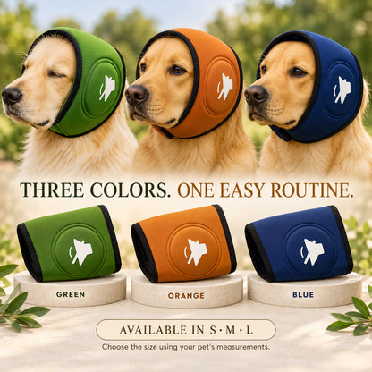 GAVPEPY Polyester Soft Dog Ear Wrap, Blue, Green or Orange in S, M and L, for covering the ears during supervised noisy or breezy routines, home routines, grooming, travel and outdoor use, a compact padded fabric panel and dark edge trim make each image 4 - 3.jpg