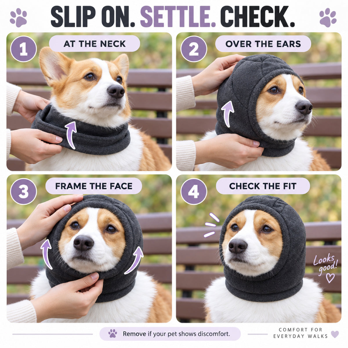 GAVPEPY Polyester Soft Dog Ear Hood, Gray or Purple in S, M, L and XL, for covering canine ears during supervised cold-weather and daily routines, walks, home, grooming and travel, a rounded soft hood, open face and extended lower edge provide the image 4 - 3.jpg