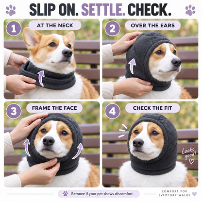 GAVPEPY Polyester Soft Dog Ear Hood, Gray or Purple in S, M, L and XL, for covering canine ears during supervised cold-weather and daily routines, walks, home, grooming and travel, a rounded soft hood, open face and extended lower edge provide the image 4 - 3.jpg