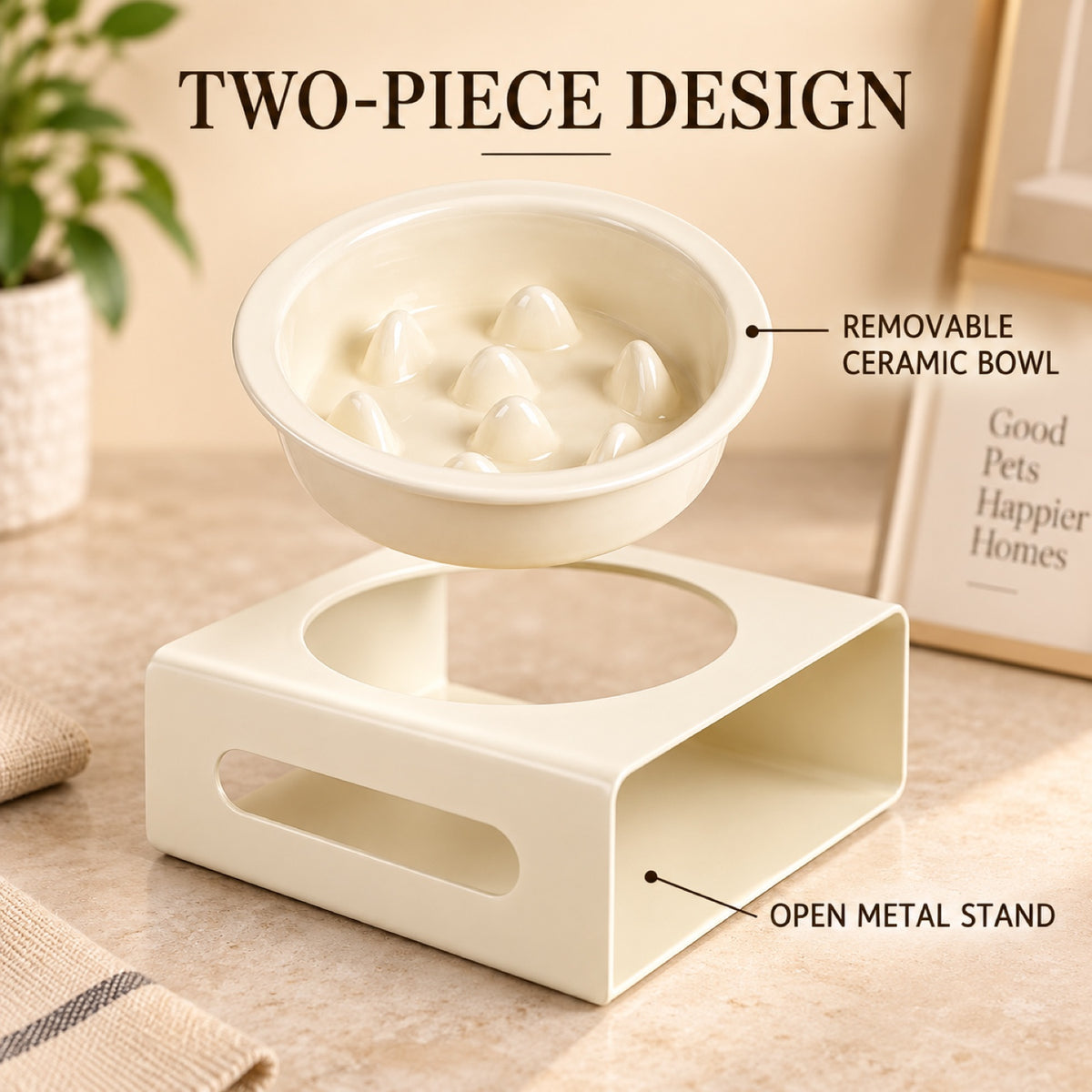 GAVPEPY Ceramic Slow Feeder Bowl and Stand, 13.5 x 13.5 x 3.5 cm bowl, nine bowl-and-stand color combinations, for Everyday Dog and Cat Meals or Water at Home, raised feeding pattern in a small matching stand; a patterned surface separates portions image 4 - 3.jpg