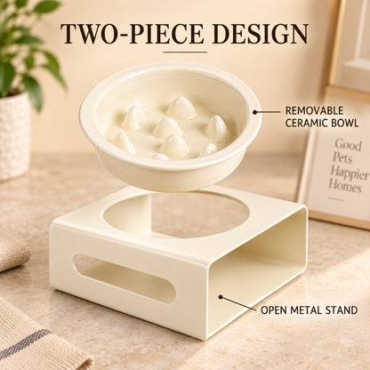 GAVPEPY Ceramic Slow Feeder Bowl and Stand, 13.5 x 13.5 x 3.5 cm bowl, nine bowl-and-stand color combinations, for Everyday Dog and Cat Meals or Water at Home, raised feeding pattern in a small matching stand; a patterned surface separates portions image 4 - 3.jpg