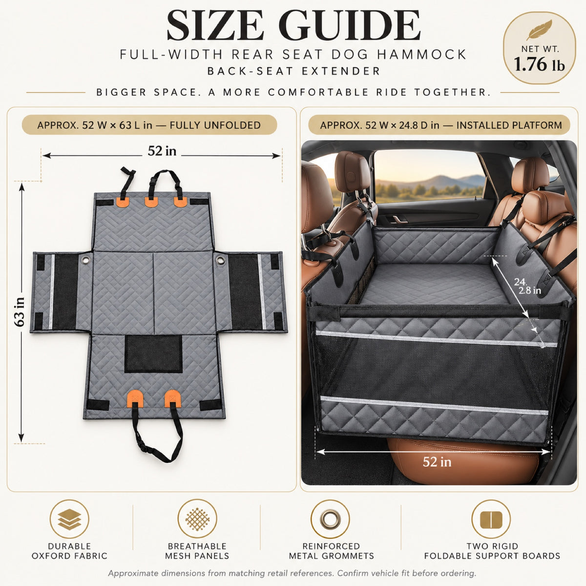 Foldable Two-Panel Hard-Bottom Rear Seat Pet Hammock, 2 Colors, By GAVPEPY image 4 - 3.jpg