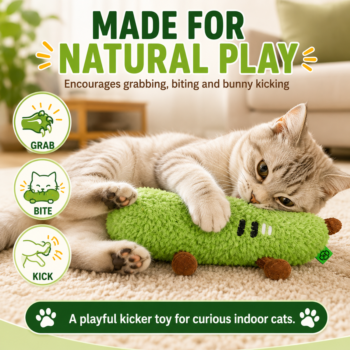 Green Cucumber Catnip Kicker Toy with Squeaker image 4