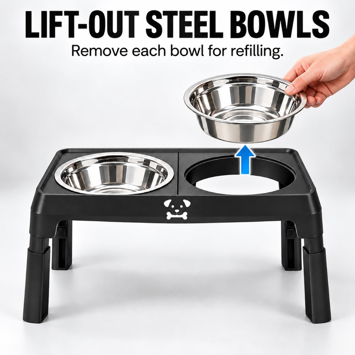 GAVPEPY Adjustable Double Stainless Steel Pet Bowl Stand, 43 x 24 x 8.5 cm, Black or Gray, for Everyday Dog and Cat Meals or Water at Home, two bowls in a foldable raised support; a practical feeding setup for daily pet-care routines image 5 - 4.jpg