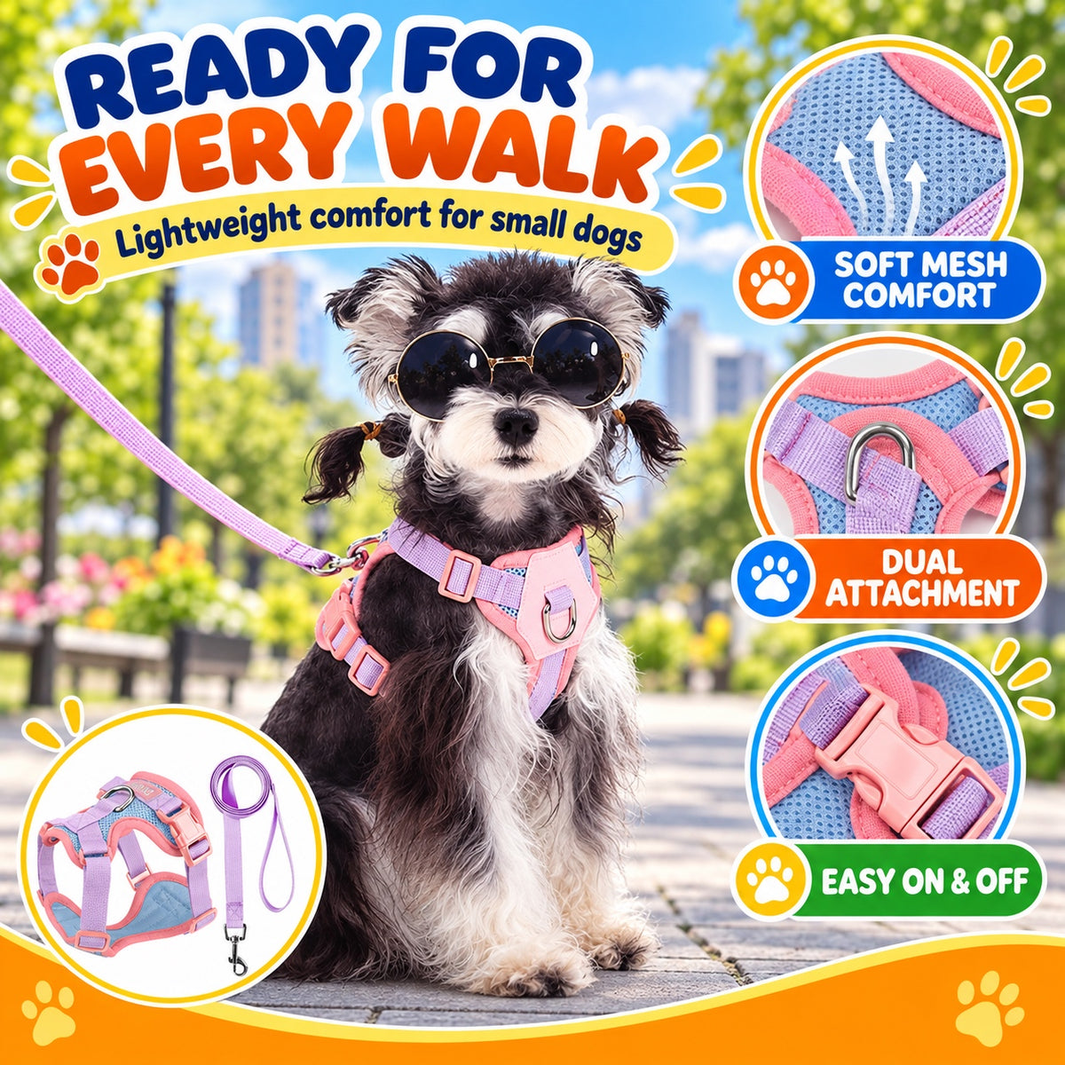 Breathable Mesh Dog Harness and Leash Set, 6 Colors and 4 Sizes, By GAVPEPY image 5 - 4.jpg