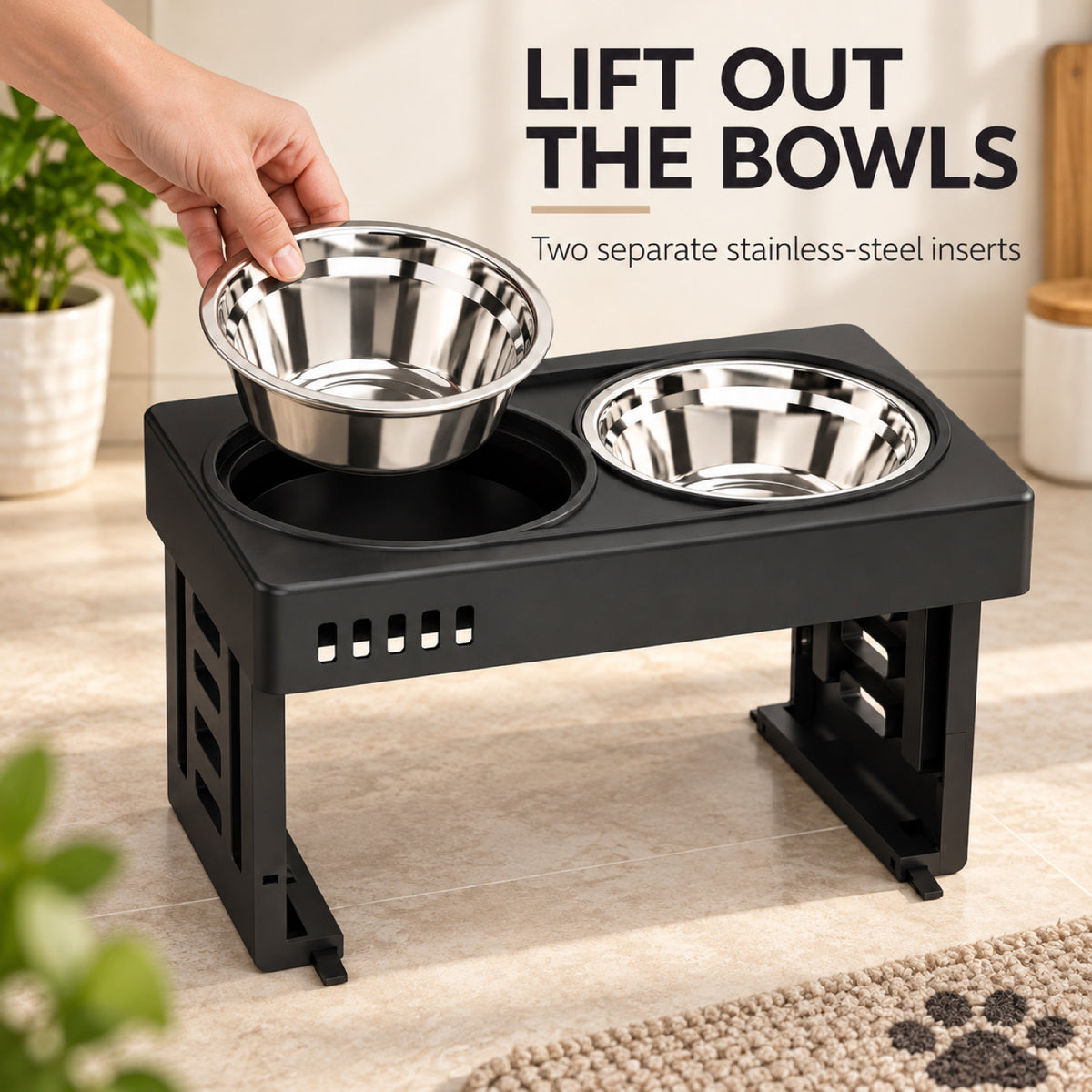 GAVPEPY Adjustable Double Pet Bowl Stand, 44 x 27.5 x 7.3 cm, Black or Gray, for Everyday Dog and Cat Meals or Water at Home, two raised feeding positions; a practical feeding setup for daily pet-care routines image 5 - 4.jpg