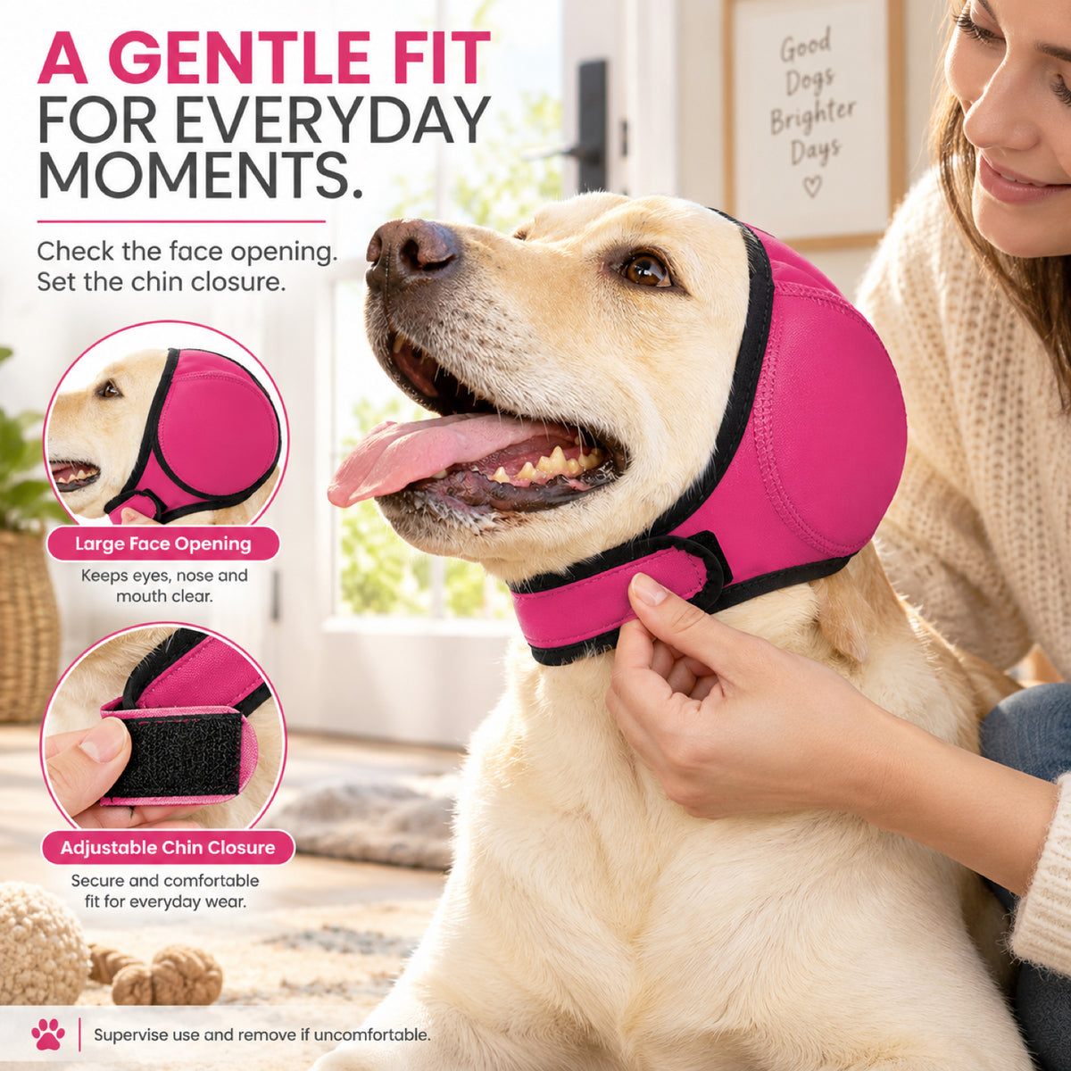 GAVPEPY Neoprene Dog Ear Cover Hood, Gray or Rose Red in S, M and L, for covering the ears during supervised baths and grooming routines, home wash stations, grooming appointments and routine pet care image 5 - 4.jpg