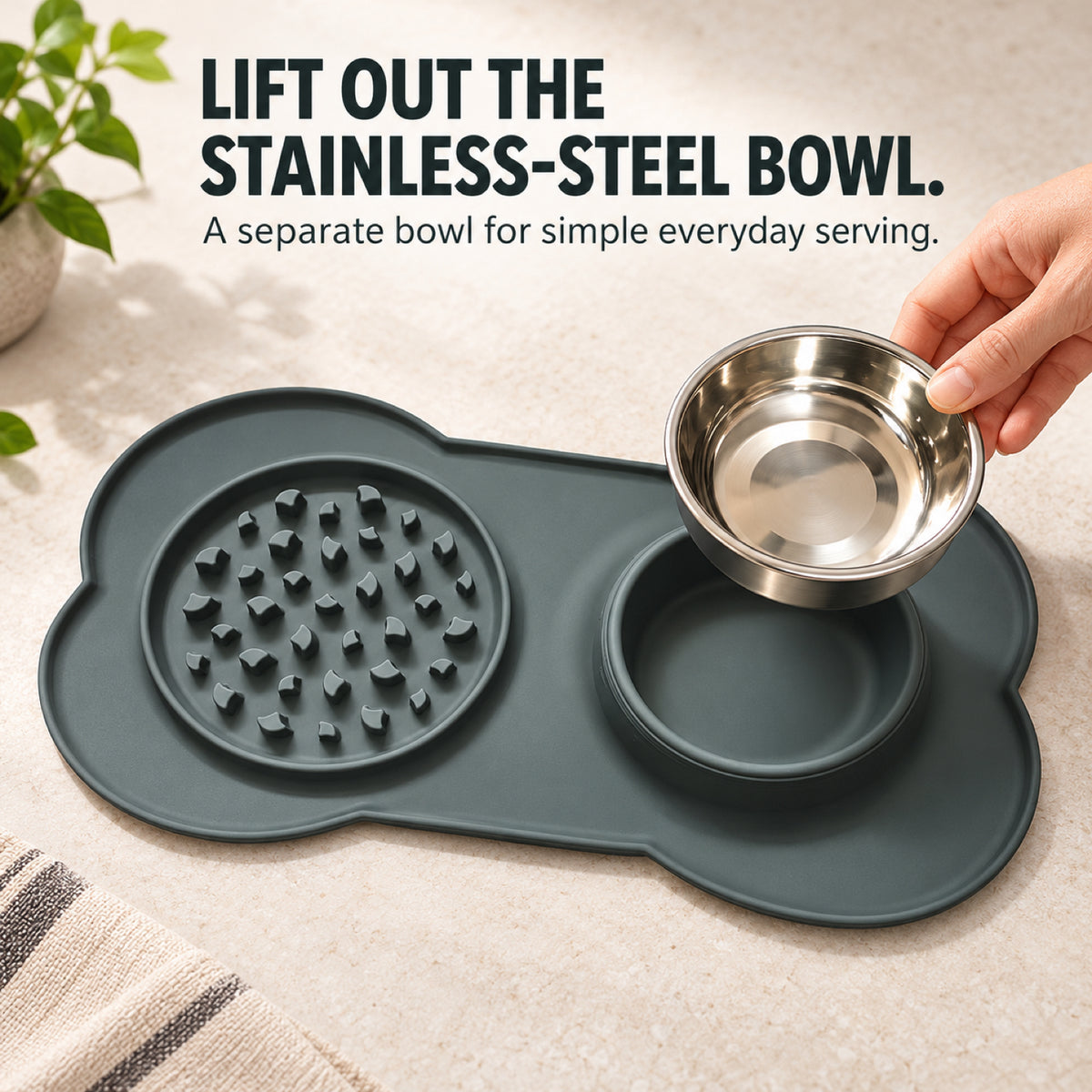 GAVPEPY Silicone Feeding Mat and Bowl Set, 58 x 33 cm, one pictured colorway, for Everyday Dog and Cat Meals or Water at Home, textured feeding area beside a round bowl; a patterned surface separates portions across the bowl image 5 - 4.jpg