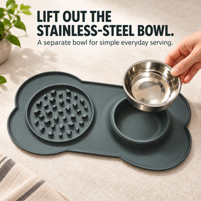 GAVPEPY Silicone Feeding Mat and Bowl Set, 58 x 33 cm, one pictured colorway, for Everyday Dog and Cat Meals or Water at Home, textured feeding area beside a round bowl; a patterned surface separates portions across the bowl image 5 - 4.jpg
