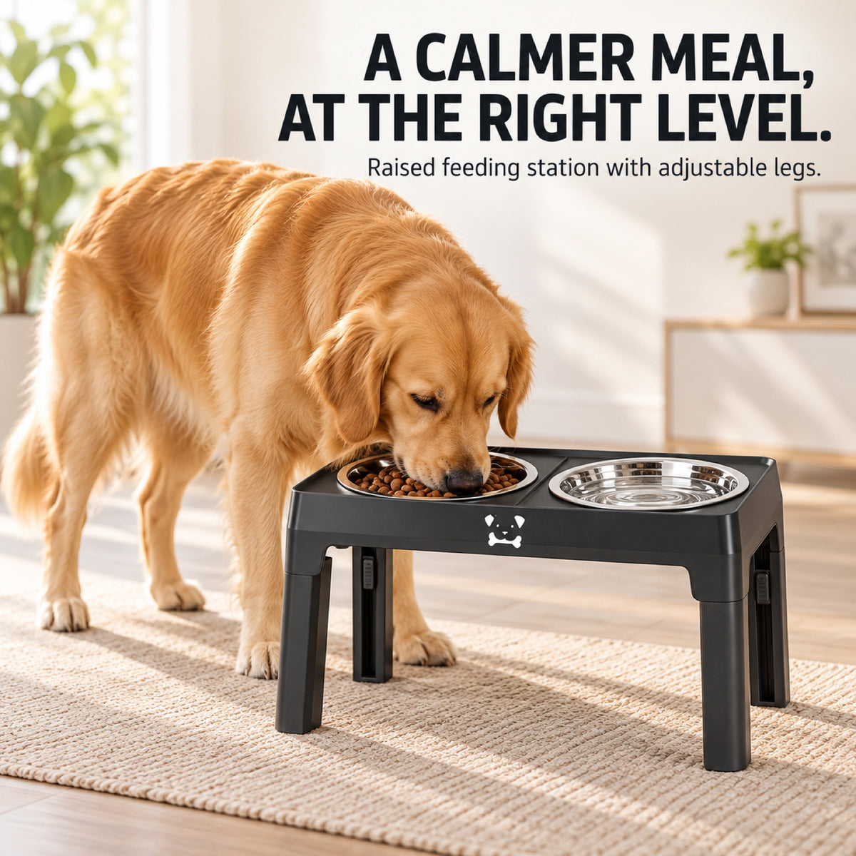 GAVPEPY Adjustable Raised Double Dog Bowl Stand, 44 x 23 x 31 cm, Black only, for Everyday Dog and Cat Meals or Water at Home, two stainless steel bowls in a height-adjustable frame; a practical feeding setup for daily pet-care routines image 5 - 4.jpg