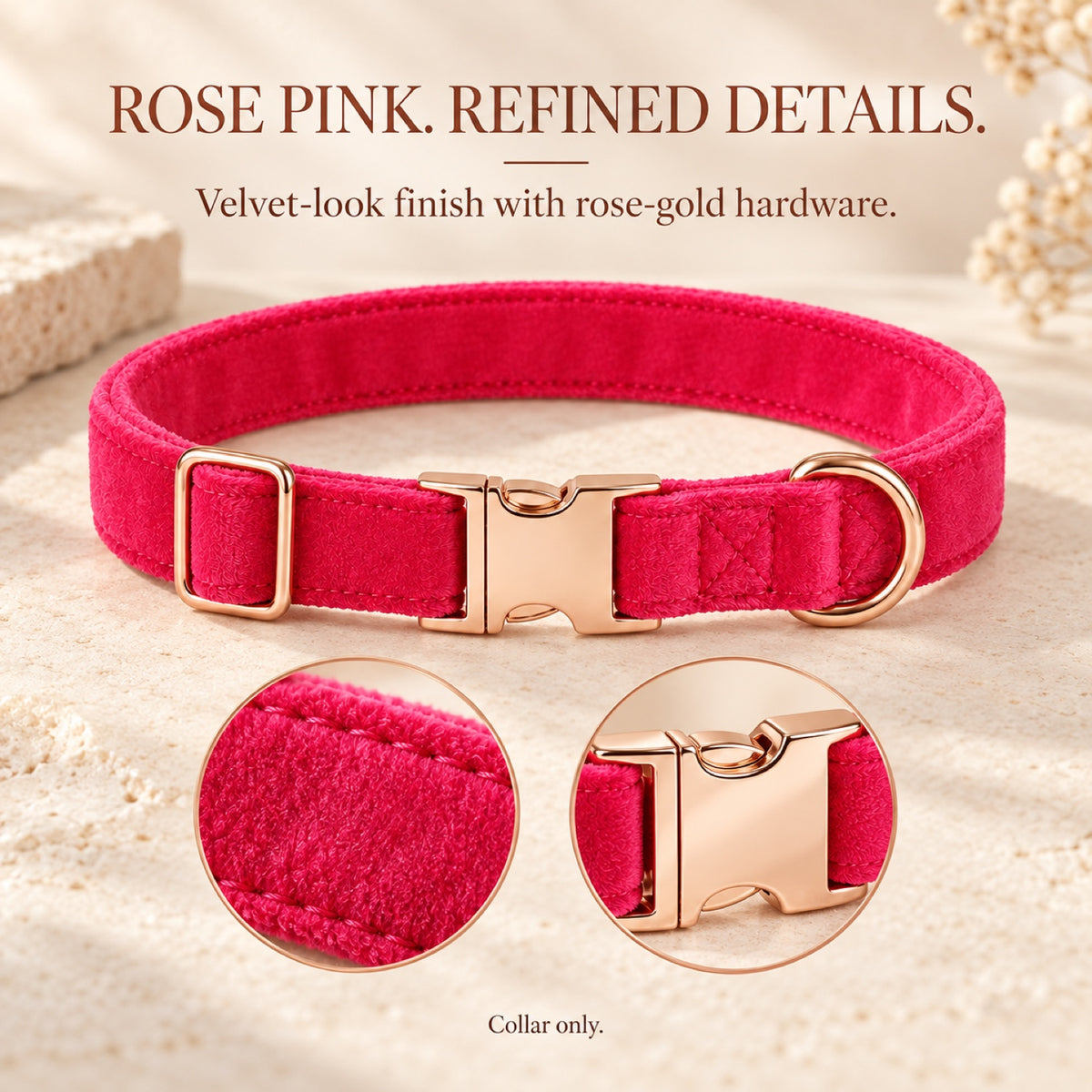 GAVPEPY Fabric Velvet-Look Dog Collar, Sizes 1-5 X 24-5-35 cm, 2-0 X 30-45 cm, 2-5 X 36-55 cm, Rose Pink, for neighborhood walks, park visits and daily dog wear; an adjustable neckwear option for supervised walks and everyday outings image 5 - 4.jpg