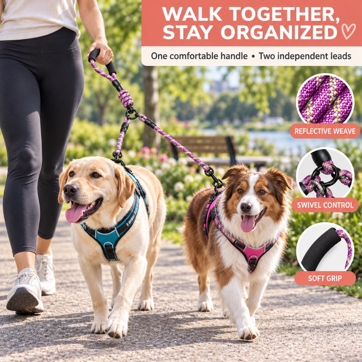 Reflective Multi-Dog Splitter Leash, 30 Options, By GAVPEPY image 5 - 4.jpg