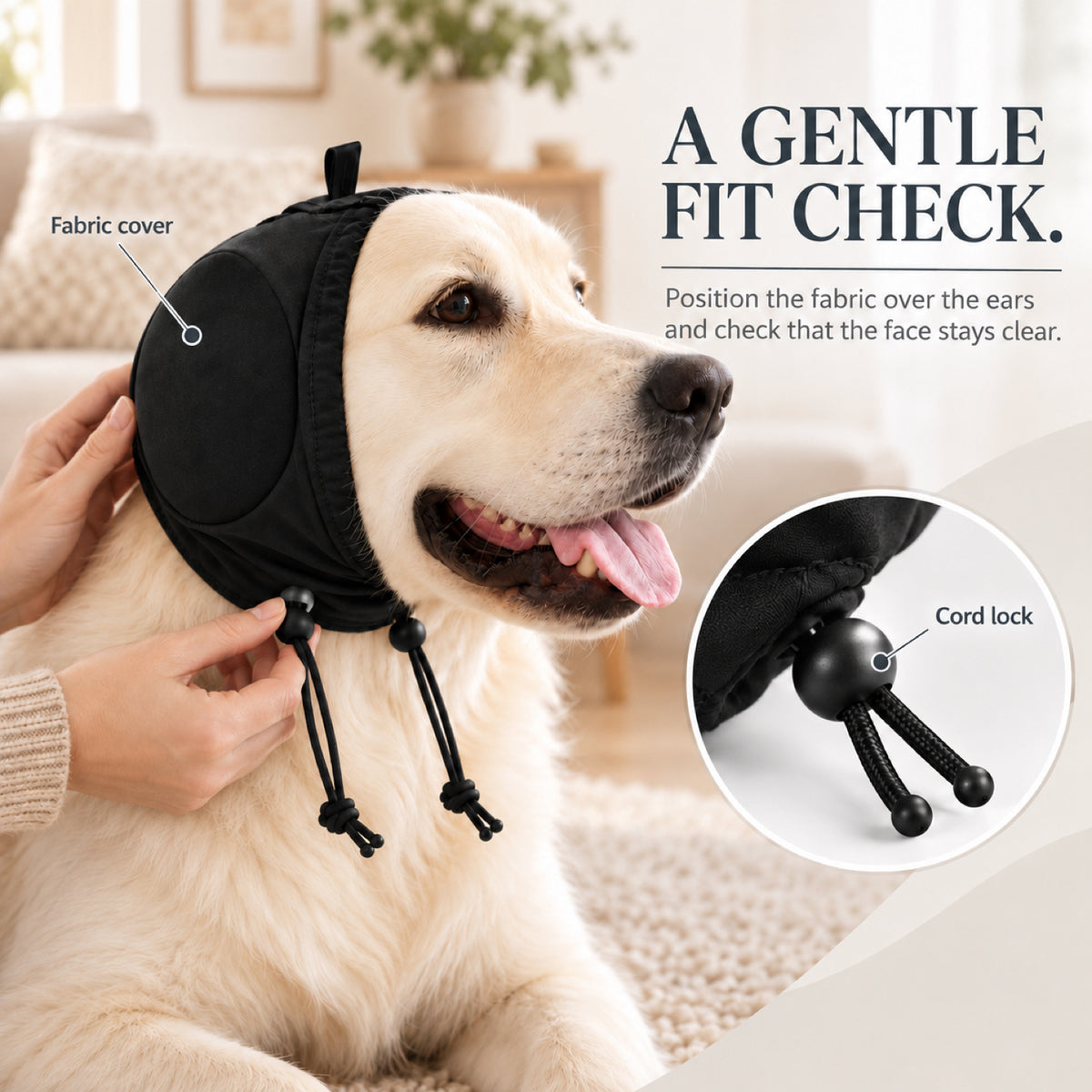 GAVPEPY Polyester Soft Dog Ear Cover Hood, Black or Blue in S, M, L and XL, for covering the ears during supervised noisy or breezy routines, home, grooming visits, travel and outdoor walks, a wraparound hood shape and top adjustment loop keep the image 5 - 4.jpg