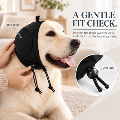GAVPEPY Polyester Soft Dog Ear Cover Hood, Black or Blue in S, M, L and XL, for covering the ears during supervised noisy or breezy routines, home, grooming visits, travel and outdoor walks, a wraparound hood shape and top adjustment loop keep the image 5 - 4.jpg