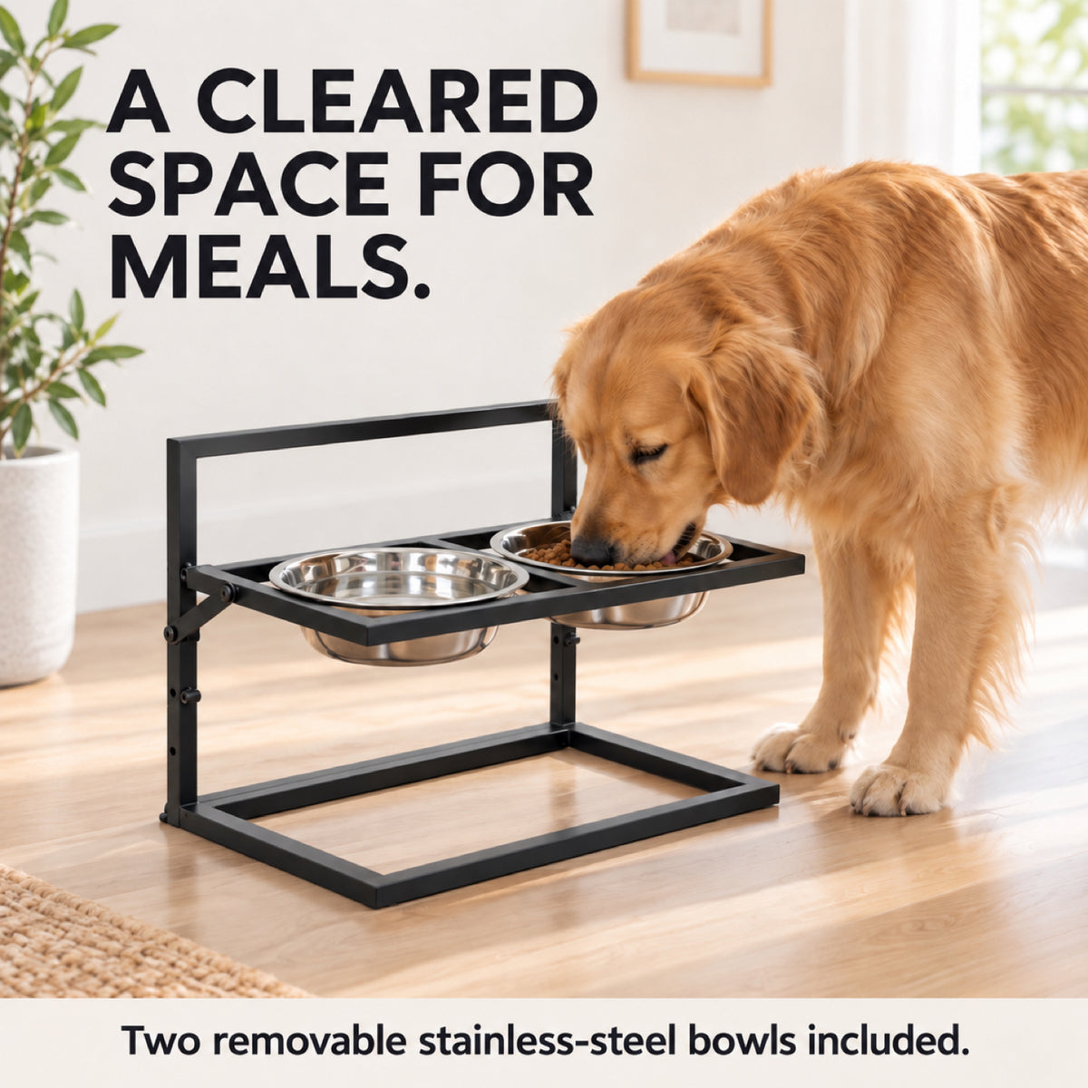 GAVPEPY Metal Raised Double Dog Bowl Stand, 42 x 32 x 25.5 cm, Black frame with two bowls, for Everyday Dog and Cat Meals or Water at Home, metal frame holding two stainless-look bowls; a practical feeding setup for daily pet-care routines image 5 - 4.jpg