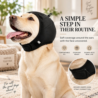 GAVPEPY Polyester Padded Dog Ear Cover Hood, Black or Blue in S, M and L, for covering the ears during supervised noise and grooming routines, home, travel, grooming appointments and outdoor events, a shaped soft hood, dark inner lining and image 5 - 4.jpg