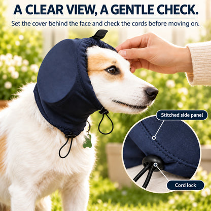 GAVPEPY Fleece-Style Dog Ear Cover Hood, Black or Navy Blue in S, M, L and XL, for covering the ears during supervised windy or noisy routines, home, grooming visits, travel and cooler outdoor outings image 5 - 4.jpg