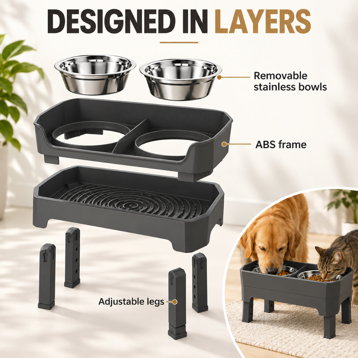 GAVPEPY Raised Double Stainless Steel Pet Bowls, 44 x 26.5 x 16 cm, Black stand, for Everyday Dog and Cat Meals or Water at Home, two bowls with a tall surrounding stand; a practical feeding setup for daily pet-care routines image 5 - 4.jpg
