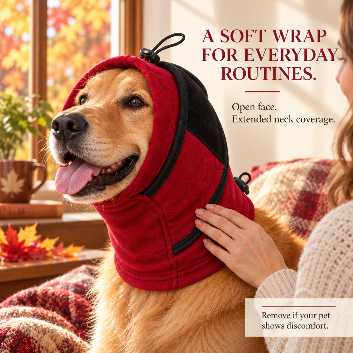 GAVPEPY Fleece-Style A-Shape Dog Head and Neck Wrap, Gray or Red in S, M, L and XL, for covering ears and neck during supervised cool-weather or noisy routines, walks, home, grooming and travel, an open face, layered neck section and adjustment image 5 - 4.jpg
