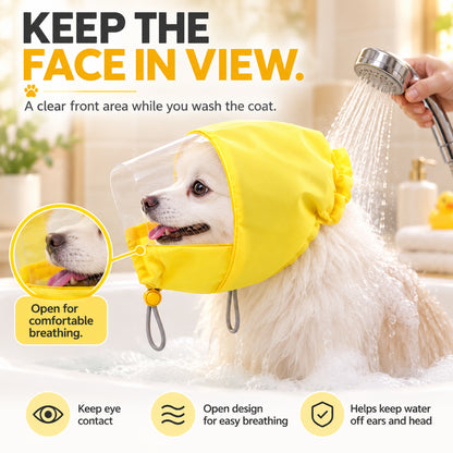 GAVPEPY Polyester and EVA Dog Bath Ear Cover Hood, Yellow in S or L, for covering the ear area during supervised splash-prone baths, home bathing, wash stations and grooming sessions, a bright hood, clear face panel and adjustable lower opening form image 5 - 4.jpg
