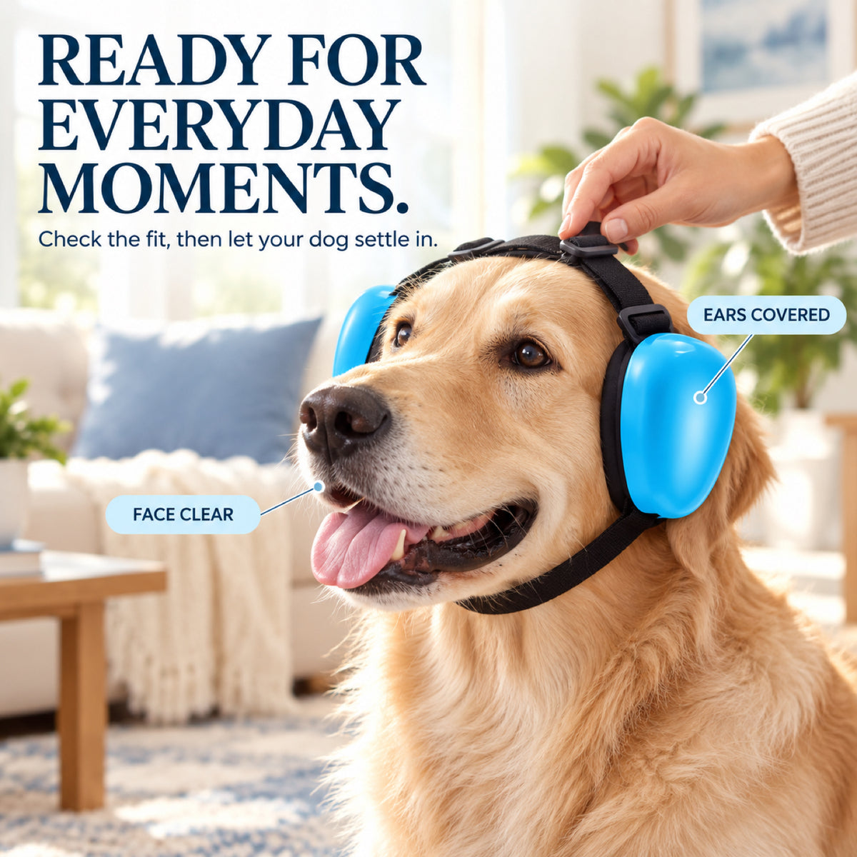 GAVPEPY ABS-Shell Blue Dog Ear Muffs, Blue in S, M or L size options, for covering both ears during supervised noisy pet-care routines, grooming, travel, home events and other supervised outings, smooth blue ear cups, dark inner pads and adjustable image 5 - 4.jpg