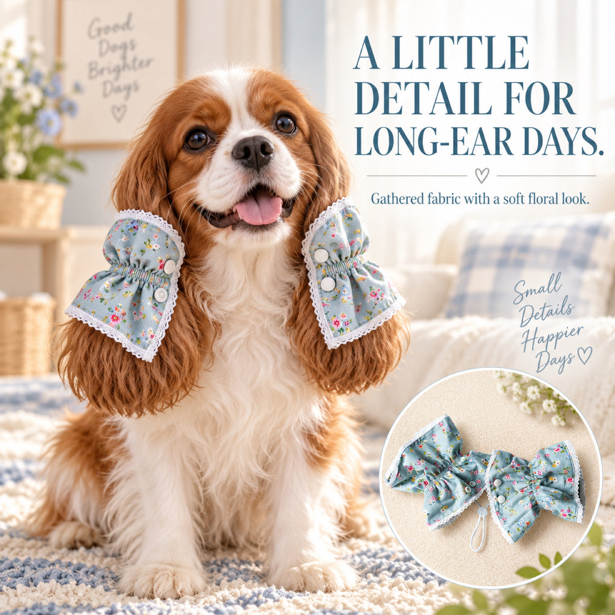 GAVPEPY Cotton Floral Long-Ear Dog Cover, Begonia, Apricot, Lake Blue or Blue patterns in Ear Cover Only or Ear Cover with Neck Cover packages, for keeping long ear hair tidier during meals and supervised daily routines, meals, grooming and daily use image 5 - 4.jpg