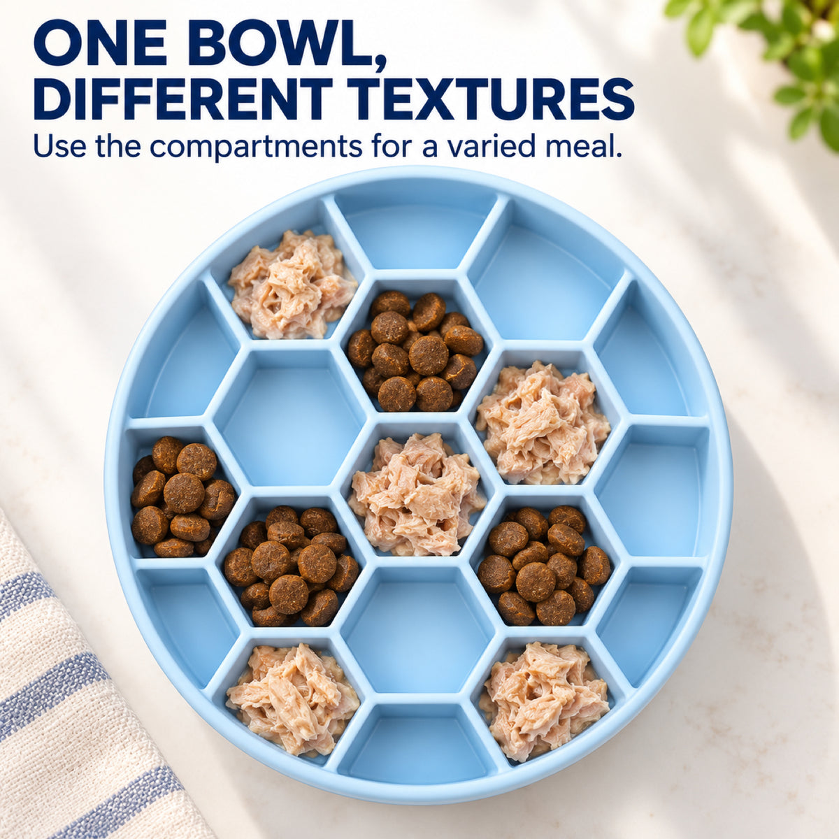 GAVPEPY Silicone Honeycomb Slow Feeder Bowl, 21 cm diameter, Blue, Green or Orange, for Everyday Dog and Cat Meals or Water at Home, raised honeycomb-style channels; a patterned surface separates portions across the bowl image 5 - 4.jpg