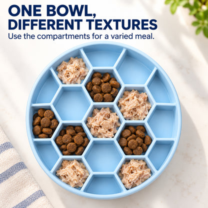 GAVPEPY Silicone Honeycomb Slow Feeder Bowl, 21 cm diameter, Blue, Green or Orange, for Everyday Dog and Cat Meals or Water at Home, raised honeycomb-style channels; a patterned surface separates portions across the bowl image 5 - 4.jpg