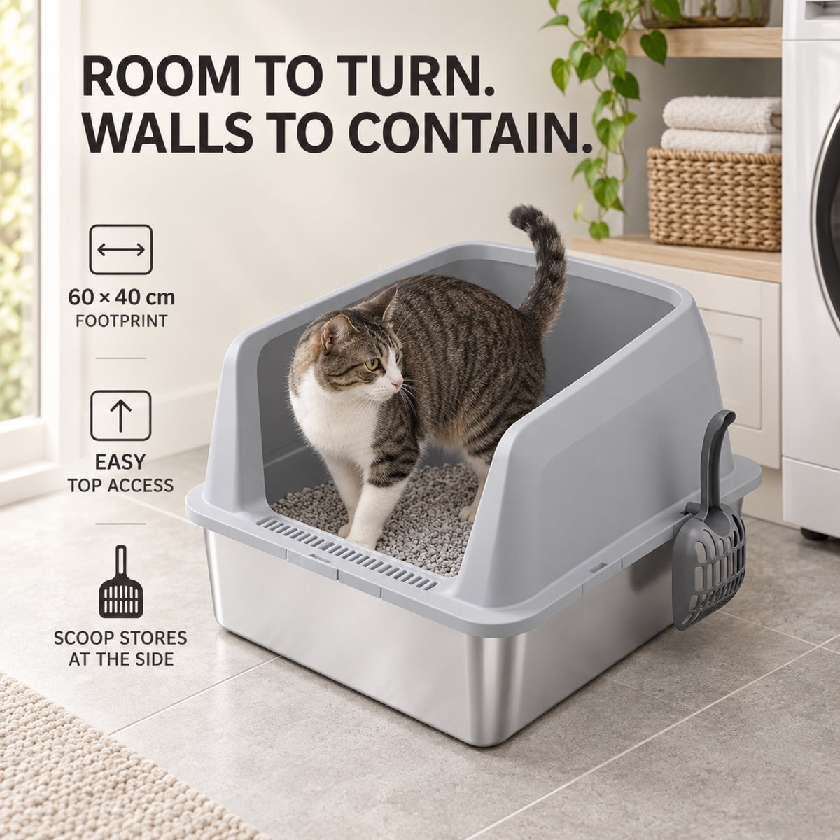 GAVPEPY Extra Large Stainless Steel Top-Entry High-Sided Cat Litter Box, 16 Options image 5 - 4.jpg