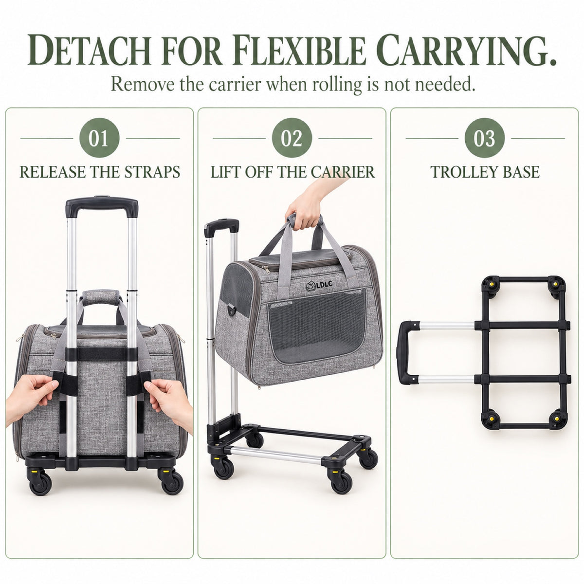 Large Rolling Pet Carrier with Detachable Trolley, 2 Colors, By GAVPEPY image 5 - 4.jpg