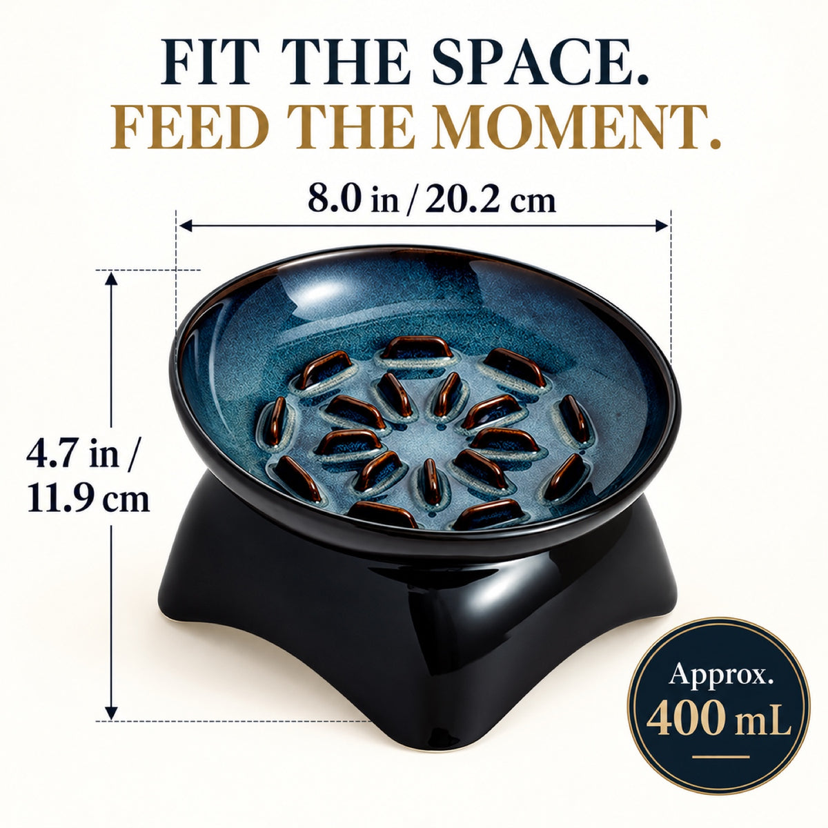 GAVPEPY Blue Glazed Ceramic Raised Slow Feeder Bowl, 20.2 x 11.9 x 10.4 cm, Blue, for Everyday Dog and Cat Meals or Water at Home, angled raised bowl with molded internal ridges; a patterned surface separates portions across the bowl image 5 - 4.jpg