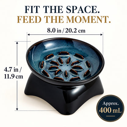 GAVPEPY Blue Glazed Ceramic Raised Slow Feeder Bowl, 20.2 x 11.9 x 10.4 cm, Blue, for Everyday Dog and Cat Meals or Water at Home, angled raised bowl with molded internal ridges; a patterned surface separates portions across the bowl image 5 - 4.jpg