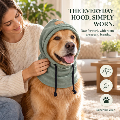 GAVPEPY Polyester Hooded Dog Ear and Neck Wrap, Black, Gray or Green in S, M and L, for covering ears and neck during supervised daily outings, cool-weather walks, travel and home routines, a long neck panel, open face and visible drawcords create image 5 - 4.jpg