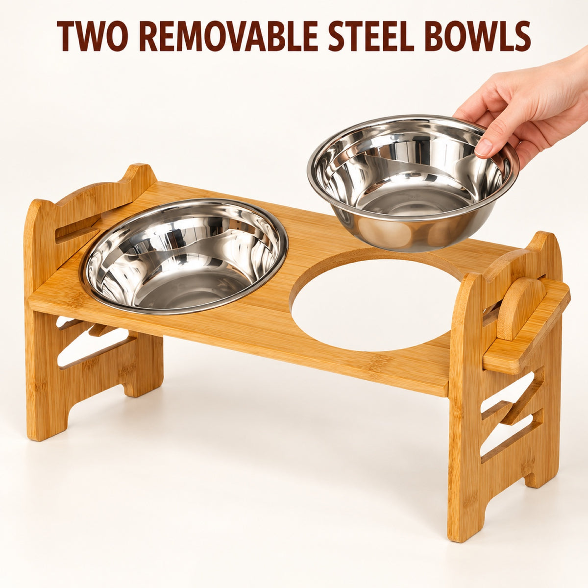 GAVPEPY Bamboo Double Pet Bowl Stand, three frame sizes from 42 to 42.5 cm wide, natural bamboo, for Everyday Dog and Cat Meals or Water at Home, two bowl positions in a raised bamboo frame; a practical feeding setup for daily pet-care routines image 5 - 4.jpg