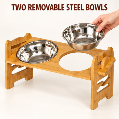 GAVPEPY Bamboo Double Pet Bowl Stand, three frame sizes from 42 to 42.5 cm wide, natural bamboo, for Everyday Dog and Cat Meals or Water at Home, two bowl positions in a raised bamboo frame; a practical feeding setup for daily pet-care routines image 5 - 4.jpg