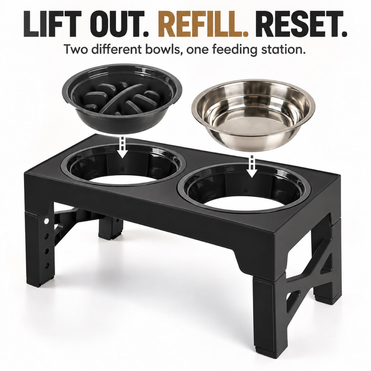 GAVPEPY Adjustable Raised Double Pet Feeder, 44 x 23 x 8 cm, Black, for Everyday Dog and Cat Meals or Water at Home, one textured feeding area and one round metal-look bowl; a practical feeding setup for daily pet-care routines image 5 - 4.jpg