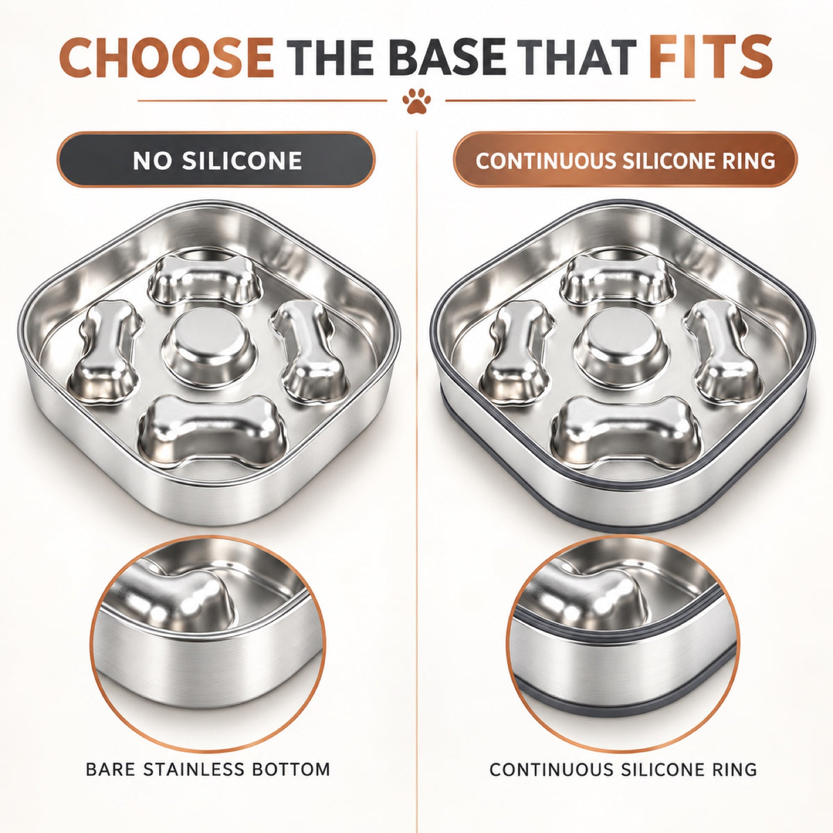 Square Bone-Print Stainless Steel Slow Feeder Bowl, 2 Base Options, By GAVPEPY image 5 - 4.jpg