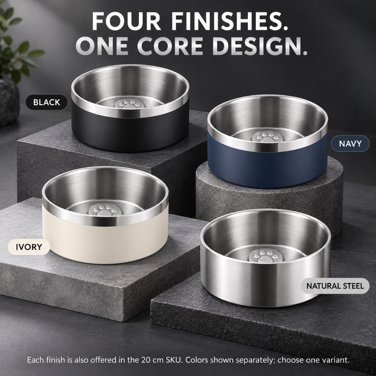 GAVPEPY Stainless Steel Slow Feeder Pet Bowl, 17 or 20 cm diameter, Classic Black, Navy Blue, White or Steel, for Everyday Dog and Cat Meals or Water at Home, raised central feeding ridges; a patterned surface separates portions across the bowl image 5 - 4.jpg