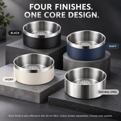 GAVPEPY Stainless Steel Slow Feeder Pet Bowl, 17 or 20 cm diameter, Classic Black, Navy Blue, White or Steel, for Everyday Dog and Cat Meals or Water at Home, raised central feeding ridges; a patterned surface separates portions across the bowl image 5 - 4.jpg