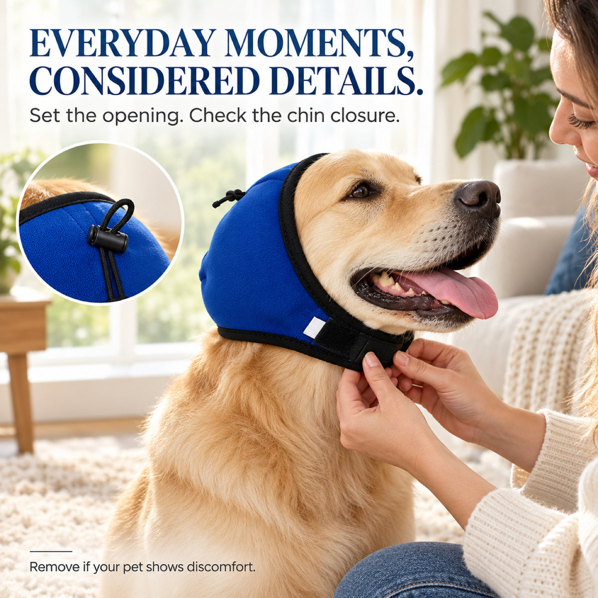 GAVPEPY Polyester Padded Dog Ear Cover Hood, Black or Blue in S, M and L, for covering canine ears during supervised noisy routines, home, travel, grooming visits and outdoor events, a smooth outer panel, dark inner lining and adjustable lower tab image 5 - 4.jpg