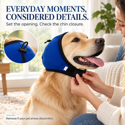 GAVPEPY Polyester Padded Dog Ear Cover Hood, Black or Blue in S, M and L, for covering canine ears during supervised noisy routines, home, travel, grooming visits and outdoor events, a smooth outer panel, dark inner lining and adjustable lower tab image 5 - 4.jpg