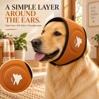 GAVPEPY Polyester Soft Dog Ear Wrap, Blue, Green or Orange in S, M and L, for covering the ears during supervised noisy or breezy routines, home routines, grooming, travel and outdoor use, a compact padded fabric panel and dark edge trim make each image 5 - 4.jpg