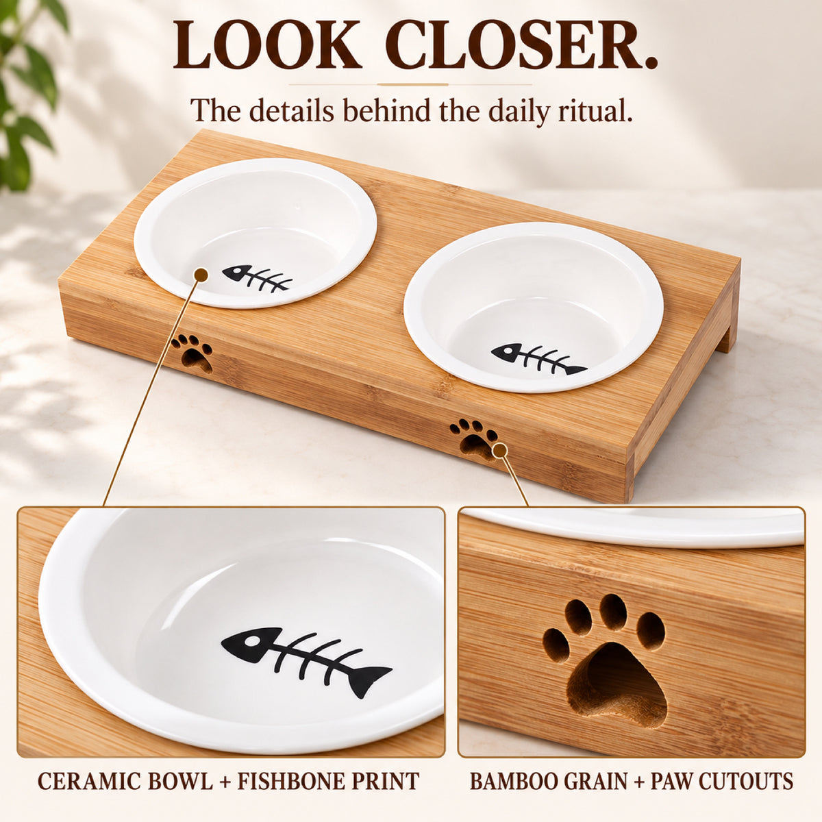 GAVPEPY Bamboo Stand with Two Ceramic Pet Bowls, stand 29.5 x 14.1 x 5.3 cm, natural bamboo and white bowls, for Everyday Dog and Cat Meals or Water at Home, two ceramic bowls seated in a low bamboo frame; a practical feeding setup for daily image 5 - 4.jpg