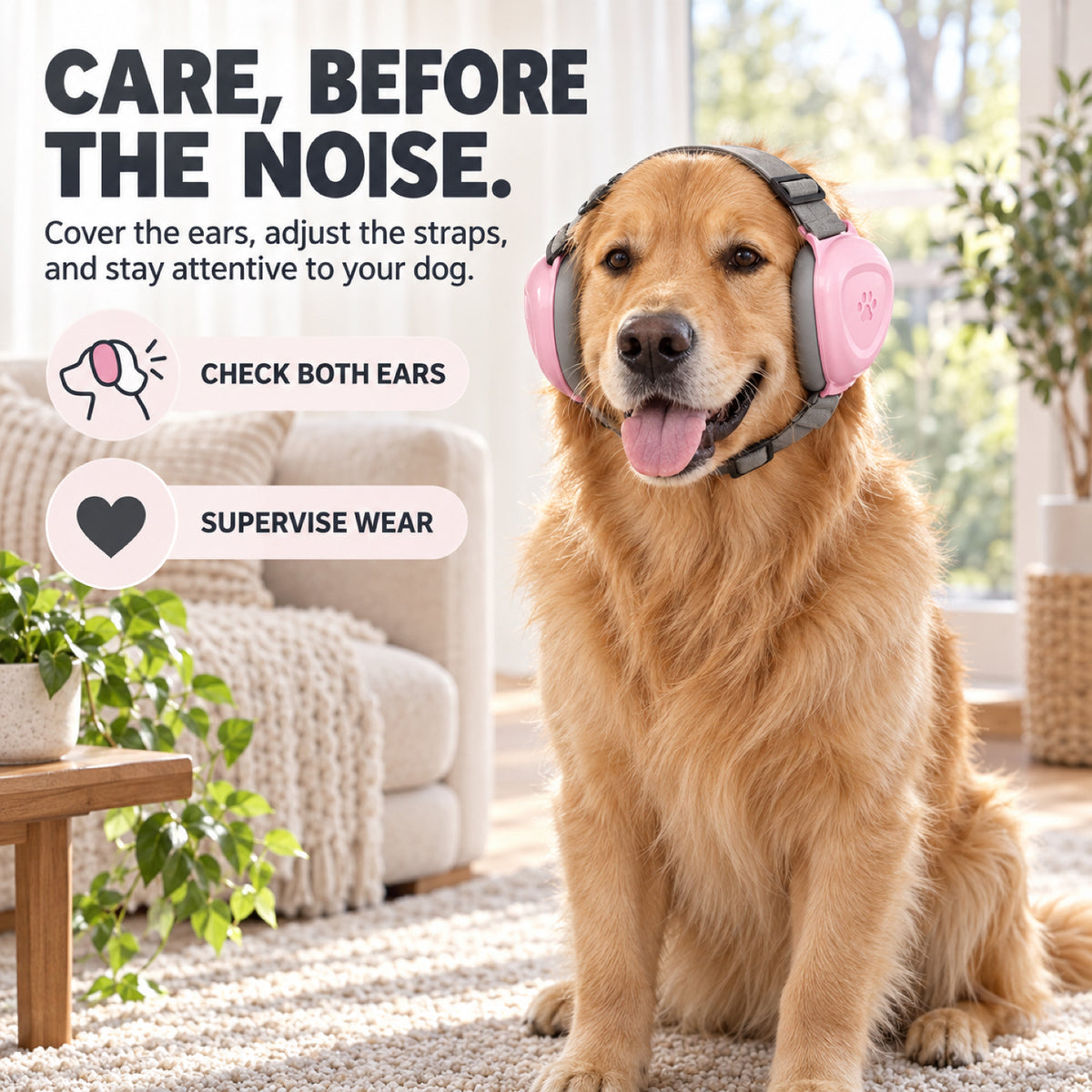 GAVPEPY ABS-Shell Dog Ear Muffs with Wraparound Straps, M or L with Black, Blue, Orange Gradient or Pink ear cups, for covering canine ears during thunderstorms, fireworks and grooming noise, home routines, outdoor events, travel and grooming visits image 5 - 4.jpg