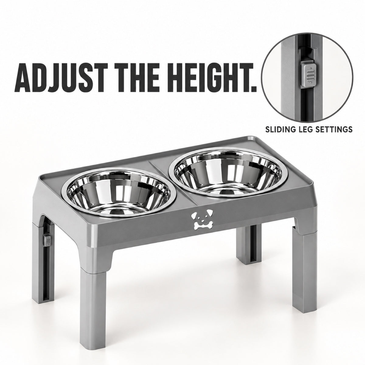 GAVPEPY Adjustable Raised Double Pet Feeder, 43 x 24 x 8.5 cm, Black or Steel Gray, for Everyday Dog and Cat Meals or Water at Home, two bowl positions in a plastic support; a practical feeding setup for daily pet-care routines image 5 - 4.jpg