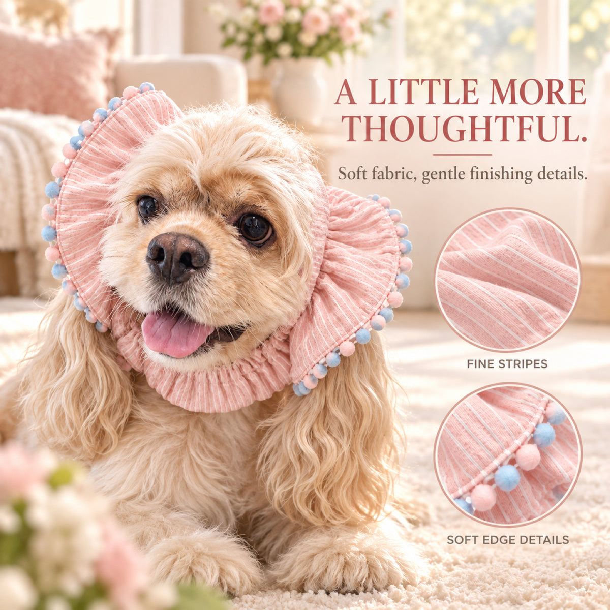 GAVPEPY Polyester Pink Lace Long-Ear Dog Snood, the LA96385 Pink Lace design in S, M and L, for holding long dog ears back during meals and supervised everyday routines, feeding, home grooming and short walks image 5 - 4.jpg